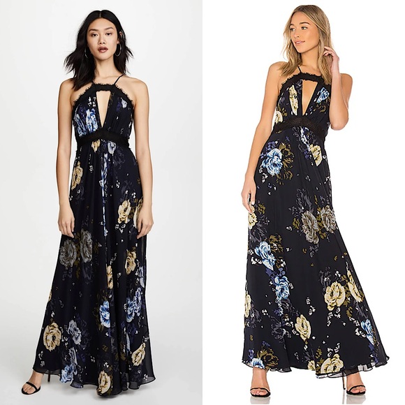 JILL STUART Navy Floral Chiffon Lace Trim Cutout Empire Waist Maxi Slip Dress 0 - Picture 1 of 9